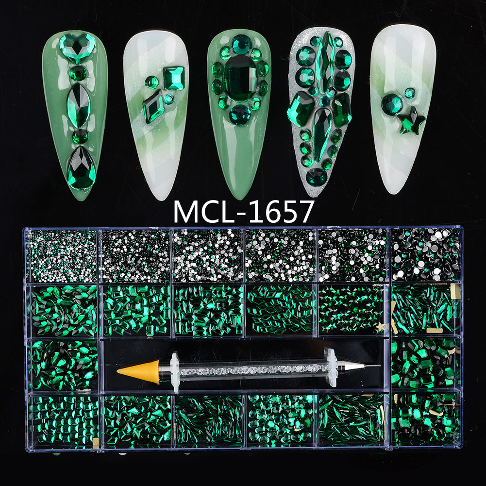 AB Glass Crystal Rhinestones 20 Different Shapes 1400pcs - Emerald